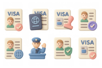 3d icons of visa documents and passport with check marks and officer