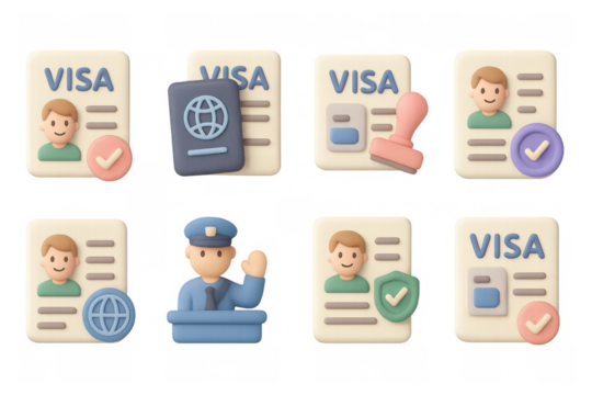 3d icons of visa documents and passport with check marks and officer