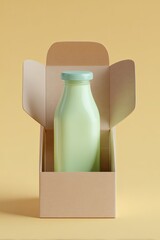 Light beige cardboard box with a light mint green glass bottle of milk inside