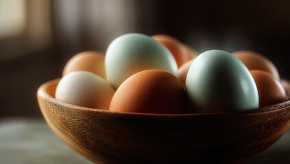 Assorted eggs in a wooden bowl