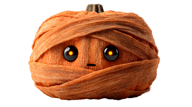 Pumpkin wrapped like a mummy in bandages, glowing eyes, isolated on white
