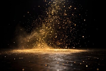 Abstract golden particles glowing in dark black void, futuristic cosmic sparkle, shimmering dust waves, elegant minimalism and mysterious radiant universe