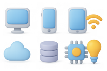 Colorful 3d icons of technology: computer, smartphone, cloud, and more