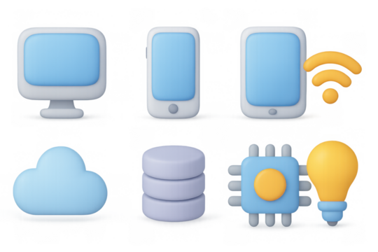 Colorful 3d icons of technology: computer, smartphone, cloud, and more