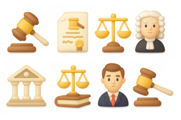 Legal icons set with gavel, scales, documents, judge, attorney, and courthouse motifs