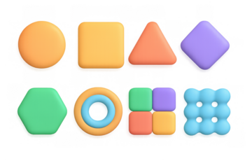 Colorful 3d geometric shapes collection with soft renders and gradient highlights