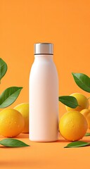 White reusable water bottle, citrus fruits, and leaves