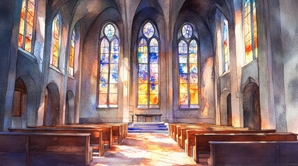 Fototapeta premium Watercolor Illustration of Church Interior with Stained Glass Windows
