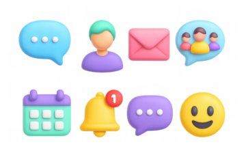 Colorful 3d communication icons set featuring chat bubbles, emojis, and notifications