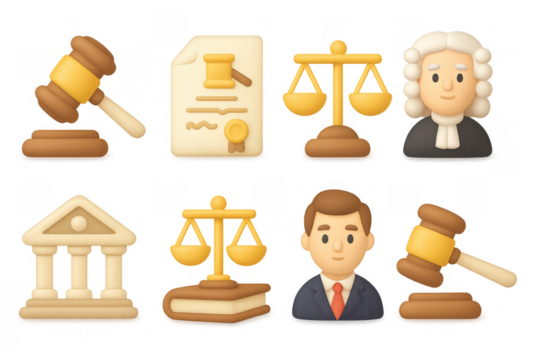 Legal icons set with gavel, scales, documents, judge, attorney, and courthouse motifs