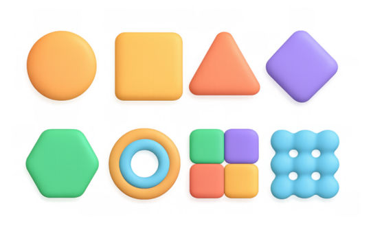 Colorful 3d geometric shapes collection with soft renders and gradient highlights