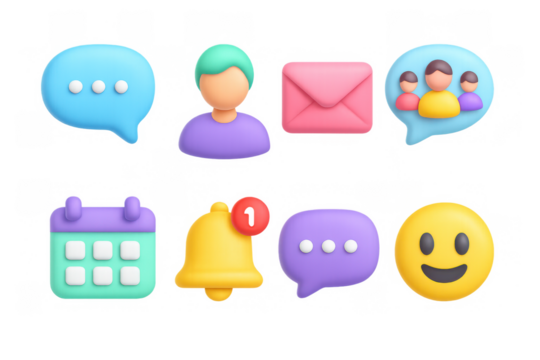 Colorful 3d communication icons set featuring chat bubbles, emojis, and notifications