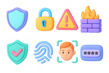 Security and protection icons in 3d style for digital safety