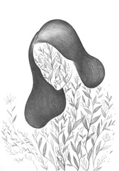 Artistic pencil drawing illustration of a woman with plants growing on her face, surreal floral portrait