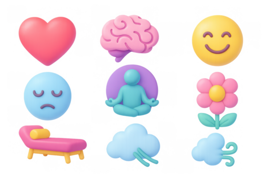 Colorful 3d emojis and wellness icons for modern digital designs - Powered by Adobe