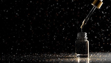 Gold dropper bottle with dark glitter