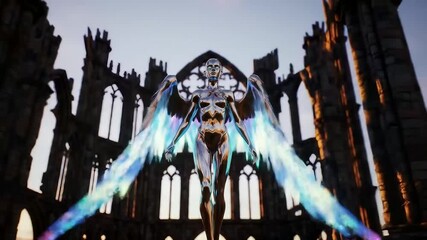 Radiant digital guardian with iridescent wings stands powerfully before ancient gothic ruins, symbolizing a captivating fusion of future technology and timeless heritage