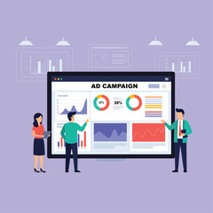 Business Team Analyzing Digital Marketing Campaign Dashboard with Charts and Graphs