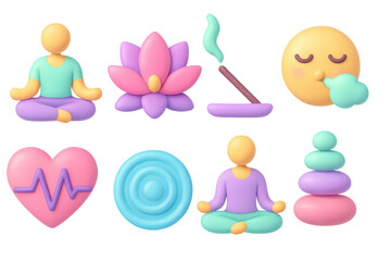 Colorful 3d yoga and meditation icons for wellness and relaxation