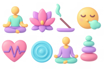 Colorful 3d yoga and meditation icons for wellness and relaxation