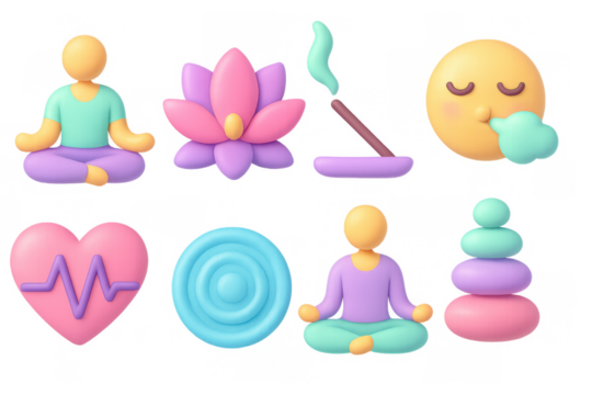 Colorful 3d yoga and meditation icons for wellness and relaxation