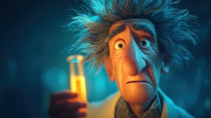 Close-up of a cartoon scientist with wild hair holding a glowing test tube, conveying curiosity and innovation. Perfect for educational or scientific themes.