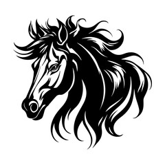 Black and white illustration of a horse's head, showcasing intricate details and flowing mane.