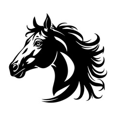 Black and white profile view of a horse's head, with flowing mane and tail.