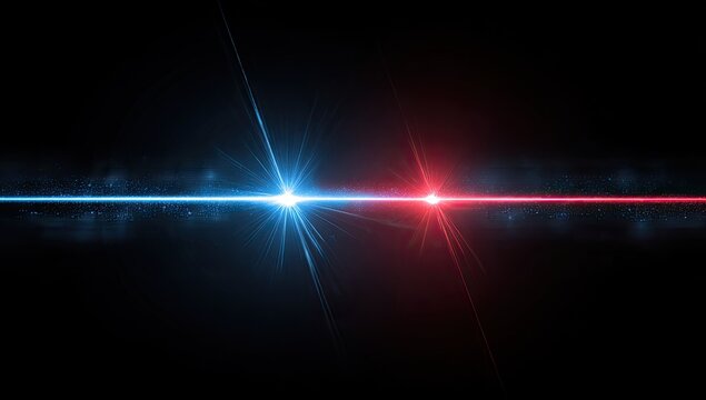 Two opposing light beams, blue and red, against a black background - Powered by Adobe