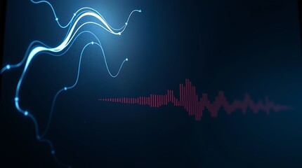 Dynamic abstract data visualization with glowing lines and audio waveform representing sound waves in dark space
