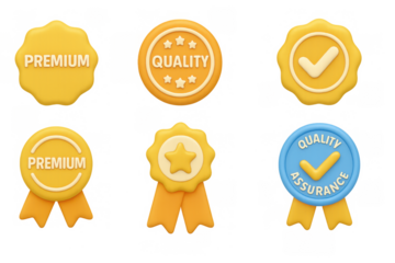 Colorful 3d badge set with premium and quality assurance symbols