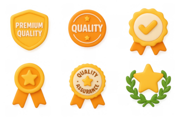 Set of bright 3d icon badges featuring quality and assurance symbols