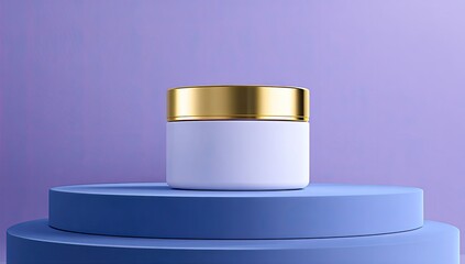 White jar with gold lid on a two-tiered, pastel-blue pedestal against a lavender background