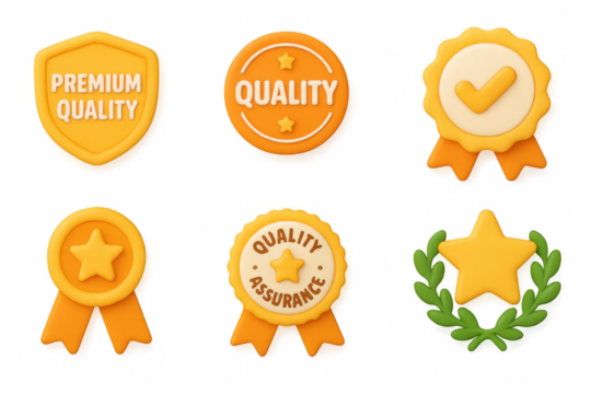 Set of bright 3d icon badges featuring quality and assurance symbols