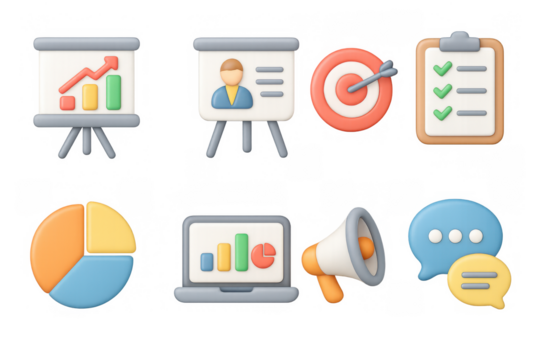 Business management 3d icons featuring charts, targets, and communication elements