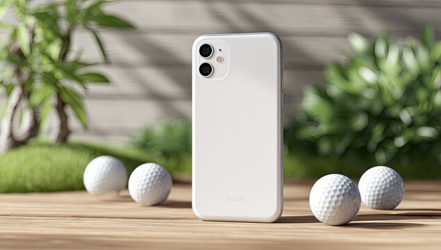 White smartphone on wooden surface with golf balls and plants
