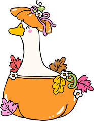 Autumn Silly Goose in a Pumpkin Cartoon Hand Drawn