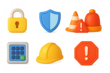 3d security and safety icons set: lock, shield, construction helmet, and warning signs