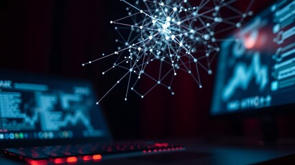 Dynamic data visualization and analysis on modern tech screens with interconnected network and glowing interface