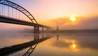 Serene Sunrise Over River with Bridge and Misty Landscape