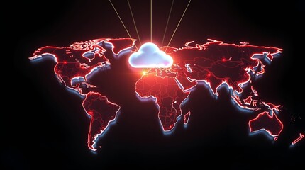 Global cloud technology concept with world map and data transfer, ideal for digital transformation and secure networks