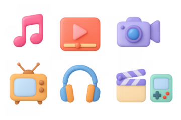 Colorful 3d technology and media icons set on transparent background