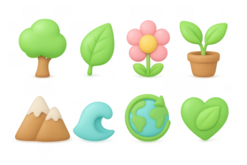 Cute 3d nature icons featuring trees, flowers, and earth symbols for eco-friendly designs