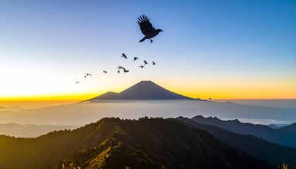 Serene Sunrise Over Mountain with Birds Flying in Clear Sky
