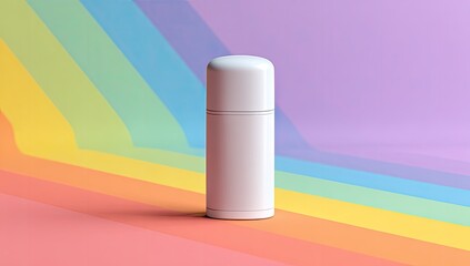 Blank white cylindrical cosmetic container on a rainbow background