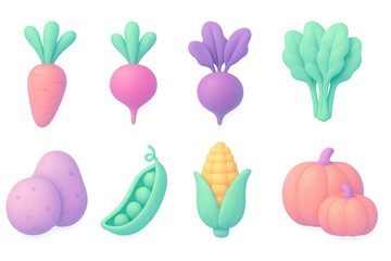 3d pastel vegetables collection: carrot, beet, corn, and more edible delights