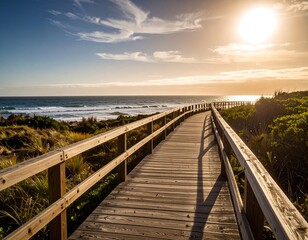 Coastal boardwalk at sunset