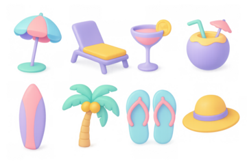 Colorful 3d beach objects set: relaxing summer vacation essentials