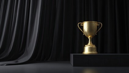 Gold trophy on black podium, draped backdrop