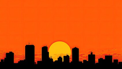 City skyline at sunset, silhouettes against fiery orange sky